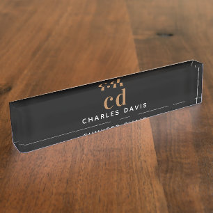 Black gold monogram initials minimalist desk name plate
