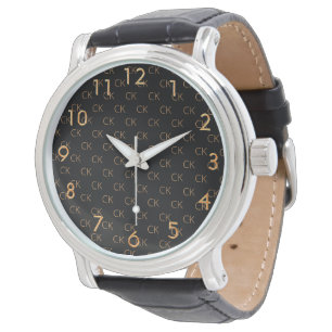 Black gold monogram initials minimalist men guys watch