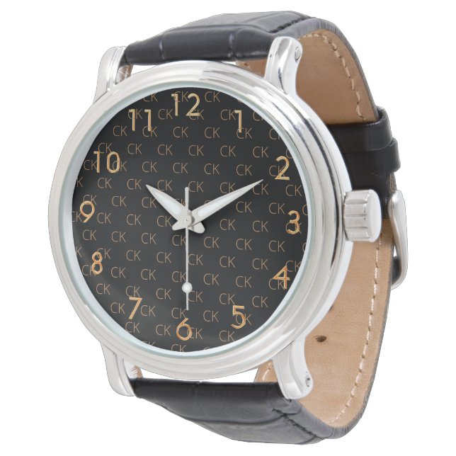 Black gold monogram initials minimalist men guys watch (Angled)