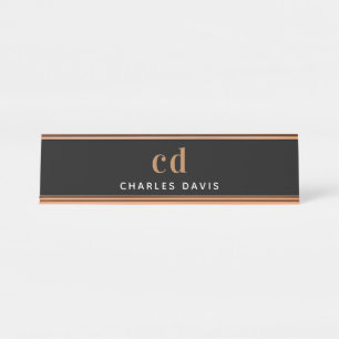 Black gold monogram initials minimalist modern desk name plate