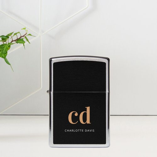 Black gold monogram initials modern classic zippo lighter