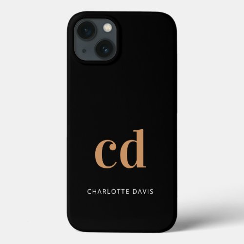Black gold monogram initials modern elegant custom iPhone 13 case