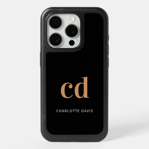 Black gold monogram initials modern elegant custom iPhone 15 pro case
