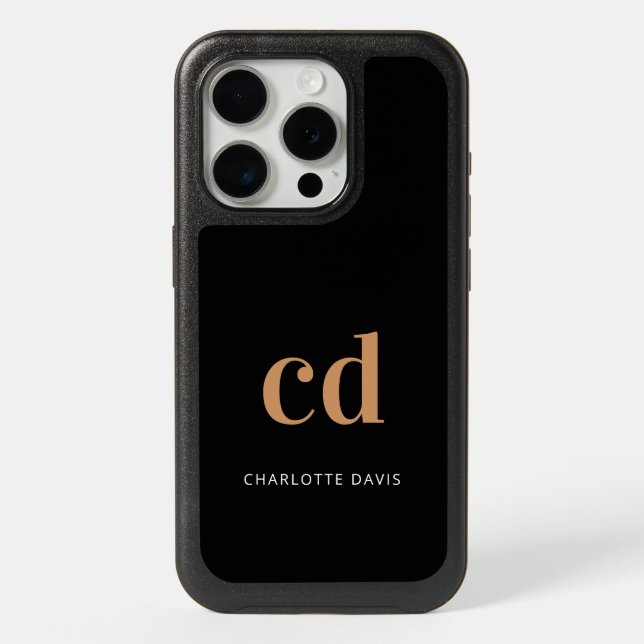 Black gold monogram initials modern elegant custom otterbox iPhone case (Back)