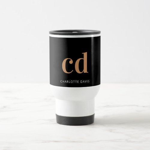 Black gold monogram initials modern elegant custom travel mug