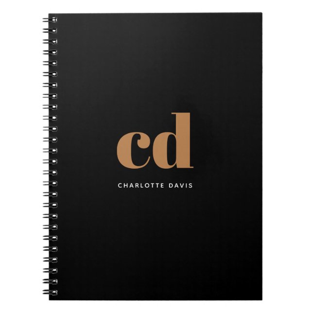 Black gold monogram initials modern minimalist notebook (Front)