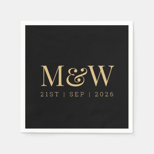 Black Gold Monogram Initials Modern Wedding Napkins