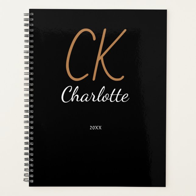 Black gold monogram initials name 2025 planner (Front)