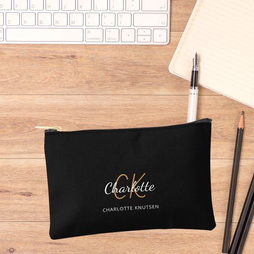 Black gold monogram initials name accessory pouch