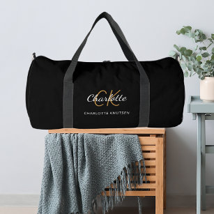 Black gold monogram initials name duffle bag