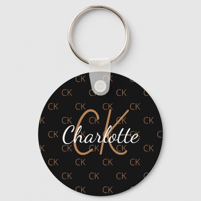 Black gold monogram initials name  keychain (Front)