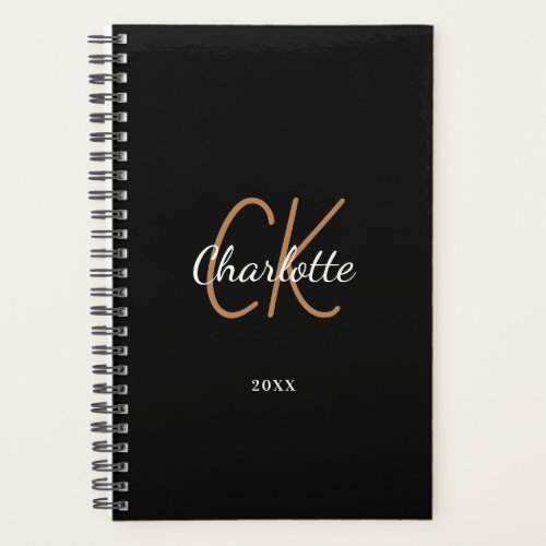 Black gold monogram initials name minimalist 2022 planner