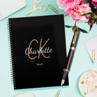 Black gold monogram initials name minimalist 2024 planner