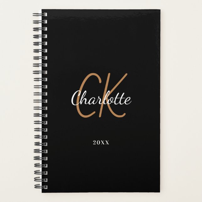 Black gold monogram initials name minimalist 2025 planner (Front)