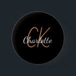Black gold monogram initials name minimalist button<br><div class="desc">Black background,  golden and white text. Personalize and add your monogram initials and name.  The name is written with a mothern hand lettered style script.</div>