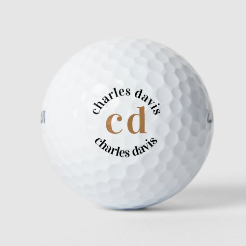 Black gold monogram initials name minimalist golf balls