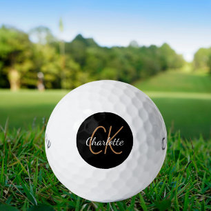 Black gold monogram initials name minimalist golf balls
