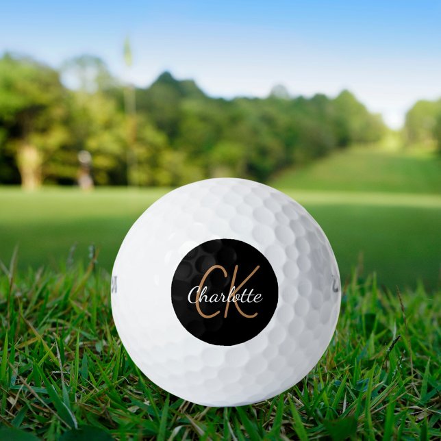 Black gold monogram initials name minimalist  golf balls (Creator Uploaded)