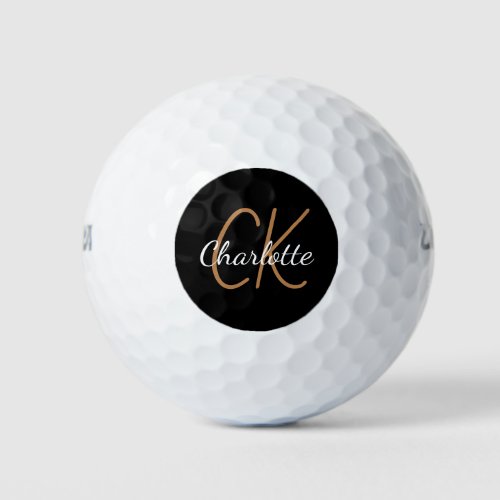 Black gold monogram initials name minimalist  golf balls