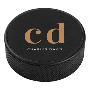 Black gold monogram initials name minimalist hockey puck
