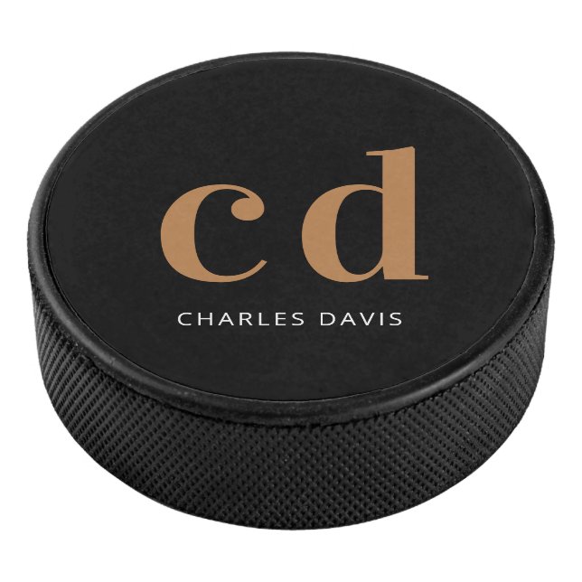 Black gold monogram initials name minimalist hockey puck (3/4)