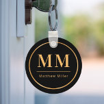 Black gold monogram initials name minimalist  keychain<br><div class="desc">Black background,  golden text. With a faux gold frame. Personalize and add your monogram initials and name.  For both him and her.</div>