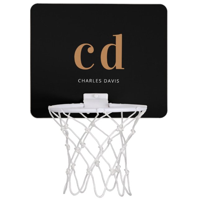 Black gold monogram initials name minimalist mini basketball hoop (Front)