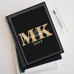 Black gold monogram initials name minimalist  planner<br><div class="desc">Black background and white text. Personalize and add your monogram initials,  name,  and year.</div>