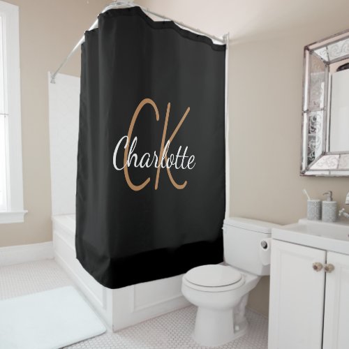 Black gold monogram initials name minimalist  shower curtain