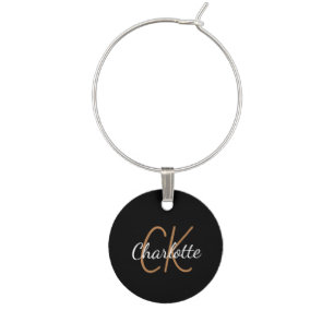 Black gold monogram initials name minimalist wine charm