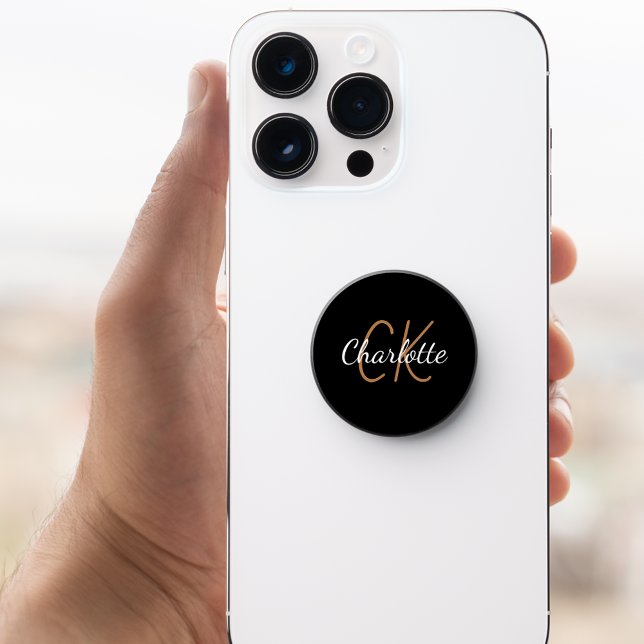 Black gold monogram initials name PopSocket (Creator Uploaded)