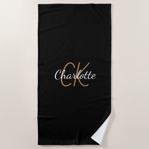 Black gold monogram initials name script beach towel