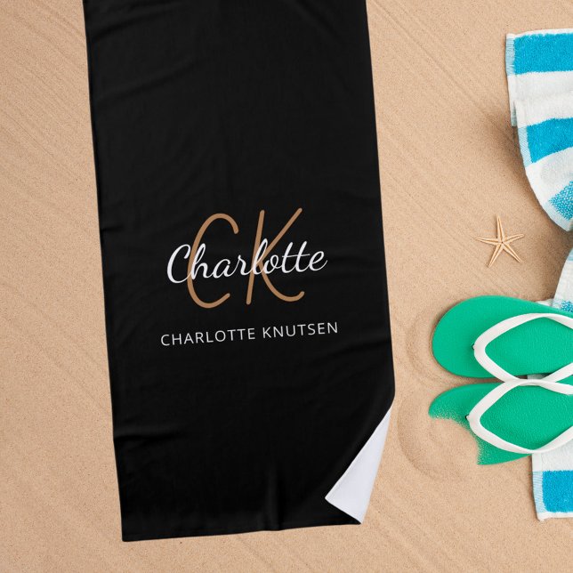 Black gold monogram initials name script beach towel (Creator Uploaded)