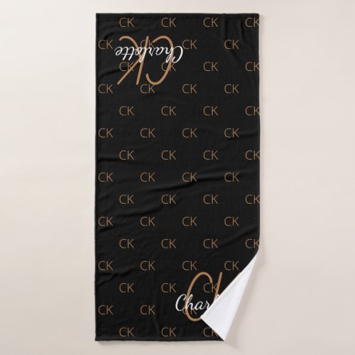 Black gold monogram initials name script elegant bath towel