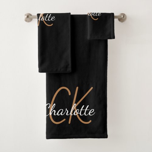 Black gold monogram initials name script elegant bath towel set