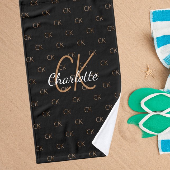 Black gold monogram initials name script elegant hand towel  (Creator Uploaded)