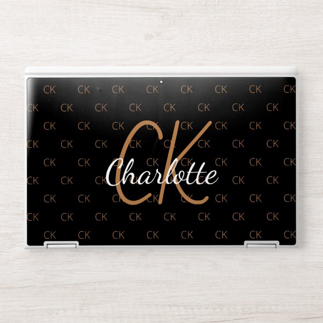 Black gold monogram initials name script elegant HP laptop skin (Front)