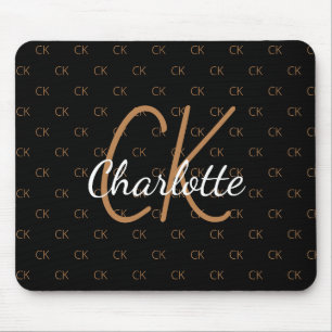 Black gold monogram initials name script elegant mouse pad