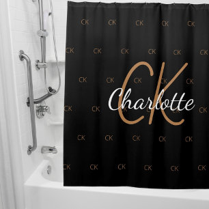 Black gold monogram initials name script shower curtain
