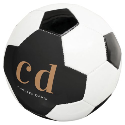 Black gold monogram initials name soccer ball