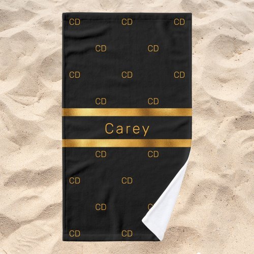 Black gold monogram initials pattern name hand towel 