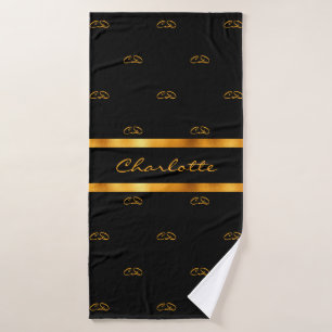 Black gold monogram initials pattern name script bath towel