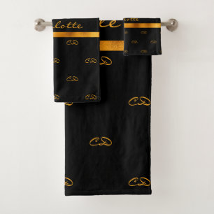 Black gold monogram initials pattern name script bath towel set