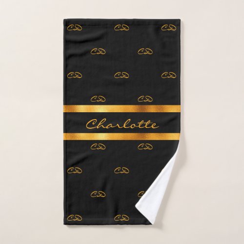 Black gold monogram initials pattern name script hand towel 