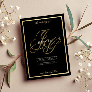 Black gold monogram initials romantic wedding invitation