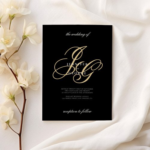 Black gold monogram initials romantic wedding invitation