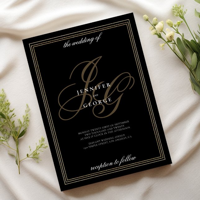 Black gold monogram initials romantic wedding invitation (Black gold monogram initials romantic wedding)