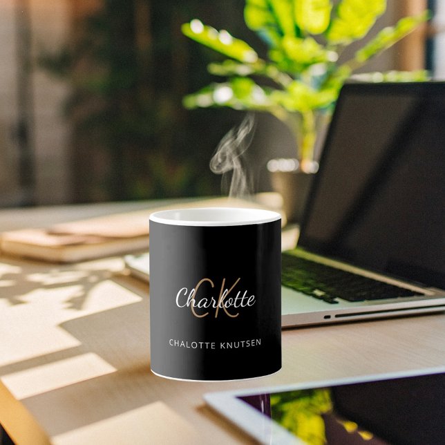 Black gold monogram initials script elegant coffee mug (Creator Uploaded)