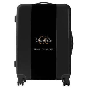 Black gold monogram initials script elegant luggage