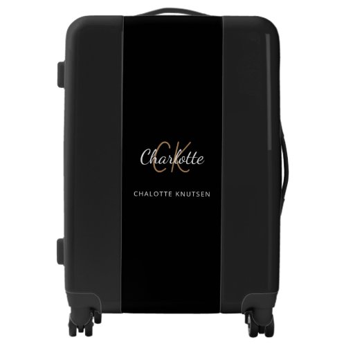 Black gold monogram initials script elegant luggage